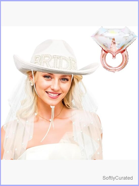 White Cowgirl Hat with Veil and Diamond Ring Balloon, 2 Piece Bridal Set main image 5